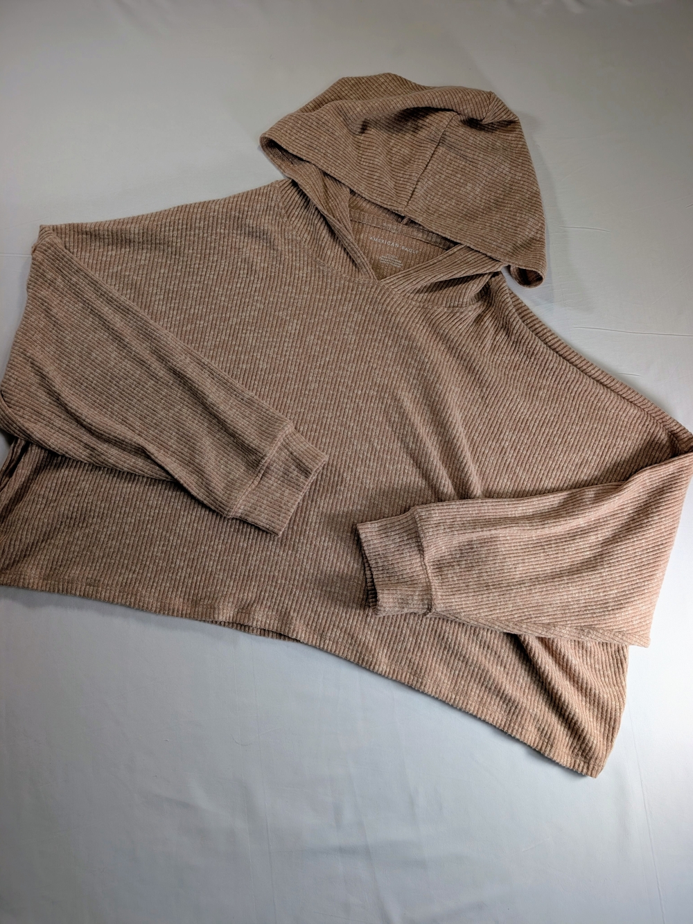 American Eagle Outfitters Ribbed Hooded Crewneck Cropped Sweater - Tan
